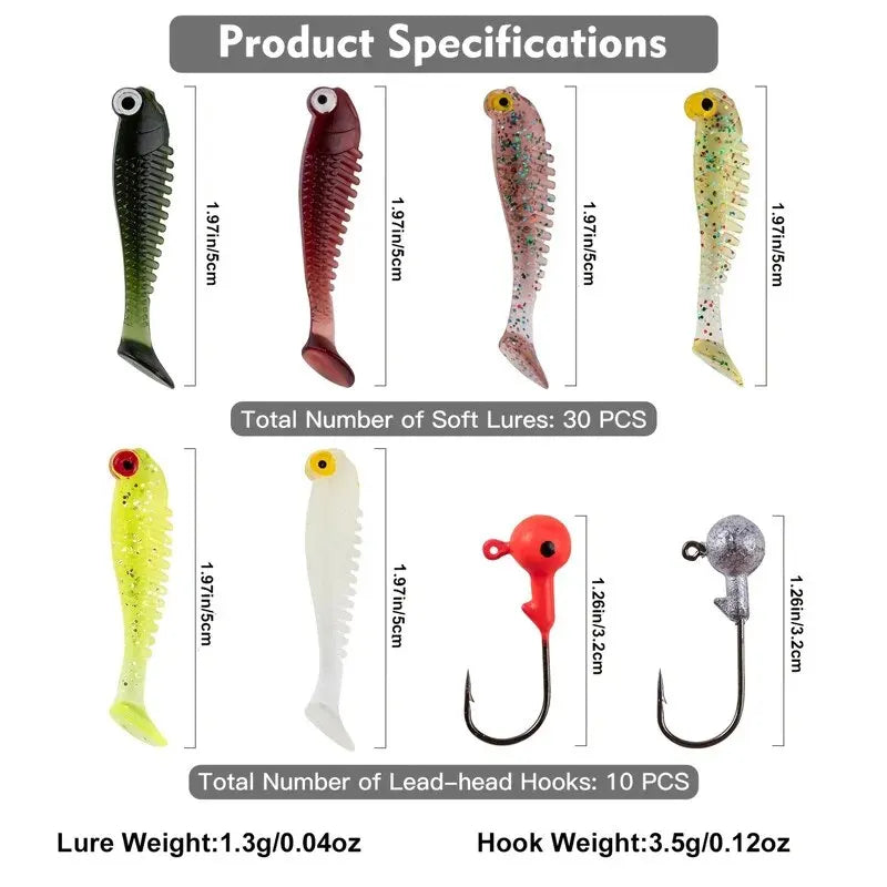 Kit de 40 señuelos blandos de pesca 5cm 3.5g con cabeza jig y caja organizadora