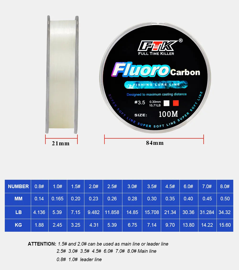 Línea de Pesca Monofilamento con Recubrimiento Fluorocarbono 100m