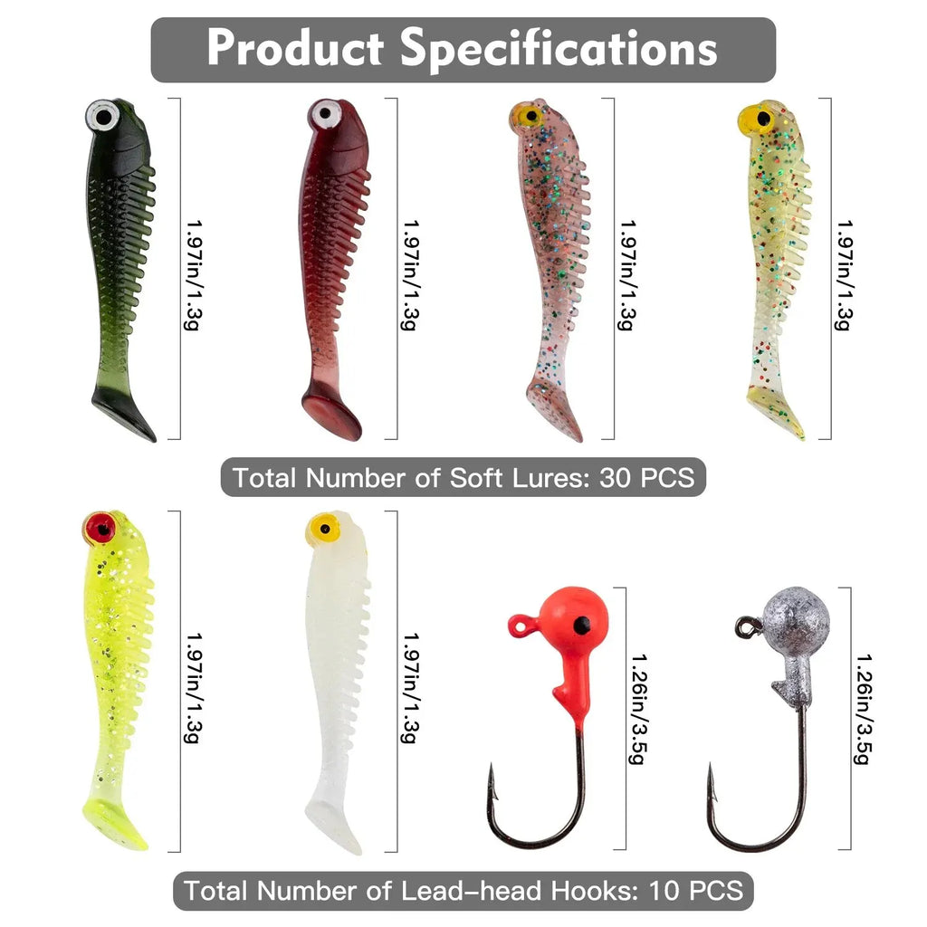 Kit de 40 señuelos blandos de pesca 5cm 3.5g con cabeza jig y caja organizadora