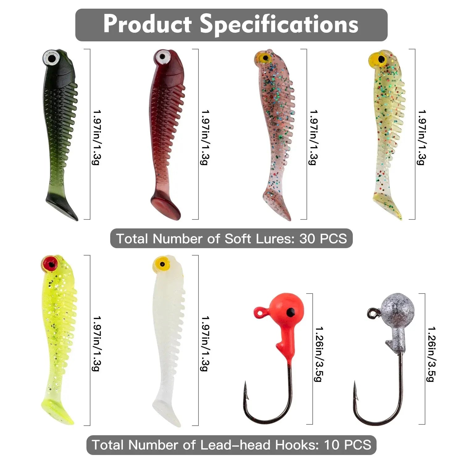 Kit de 40 señuelos blandos de pesca 5cm 3.5g con cabeza jig y caja organizadora